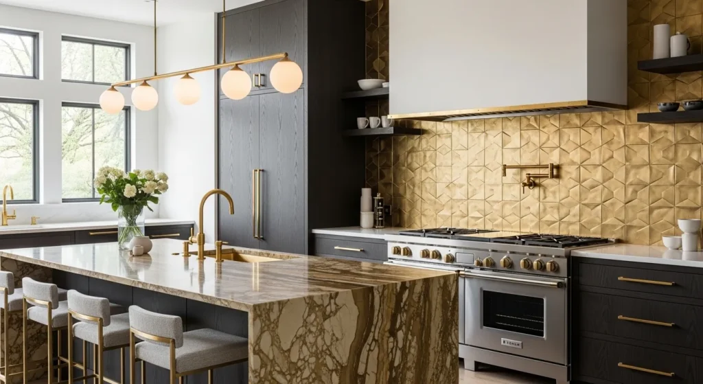 Modern kitchen design featuring gold accents, stylish fixtures, and elegant marble countertops.