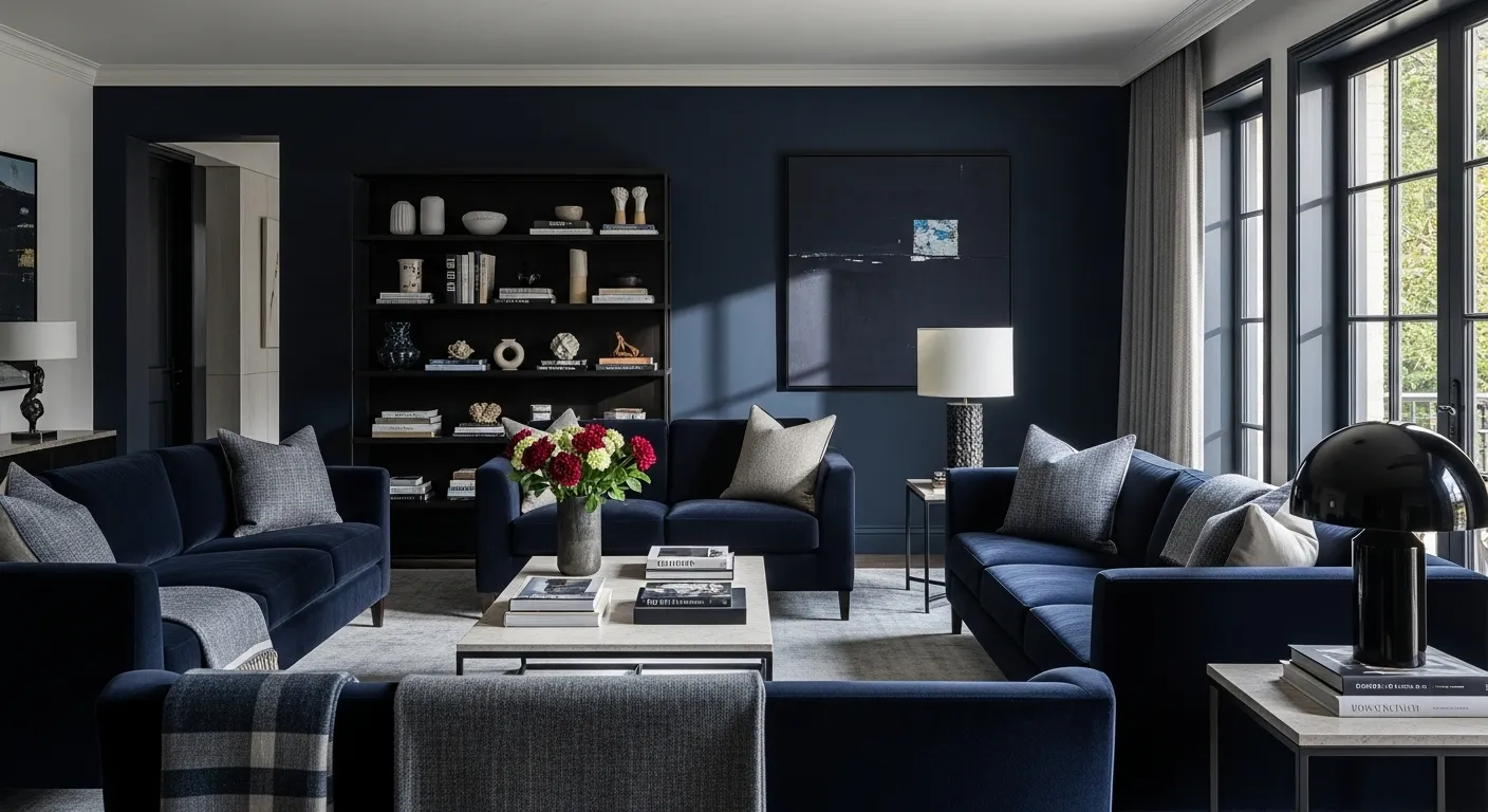Stylish modern living room featuring inky midnight blue walls and furniture, perfect for everyday elegance.