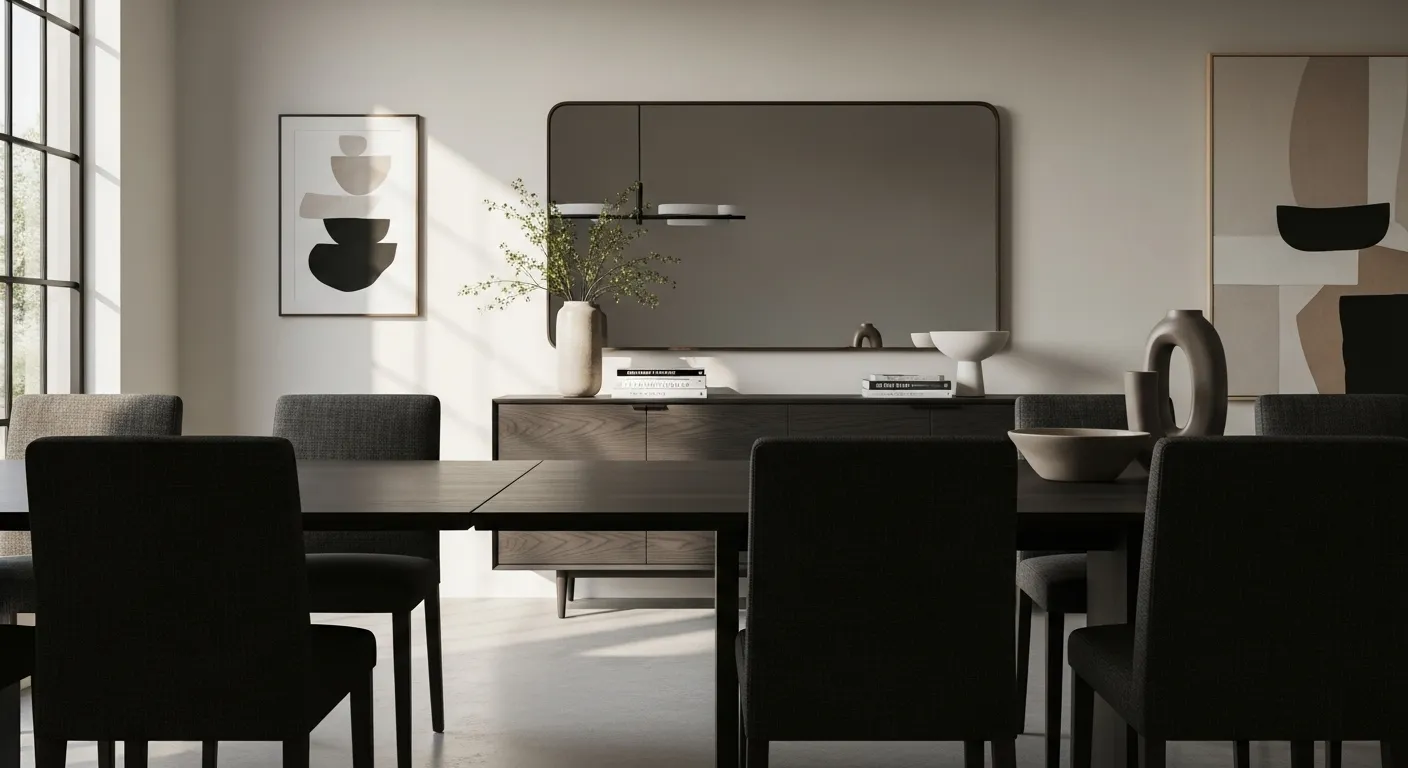 Stylish modern dining room with truffle color palette and minimalist decor.