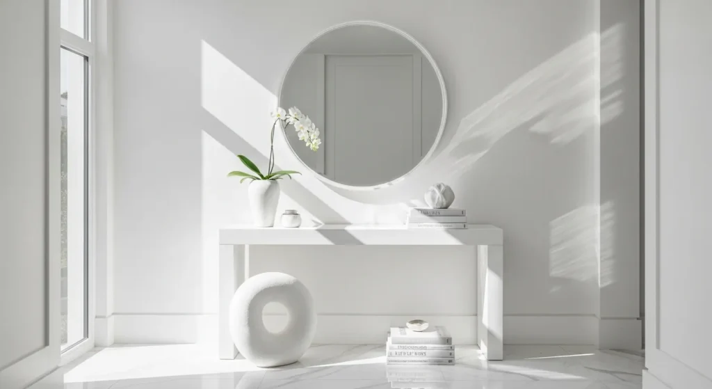 Bright modern entryway with white decor and furniture, featuring a round mirror and elegant orchids.