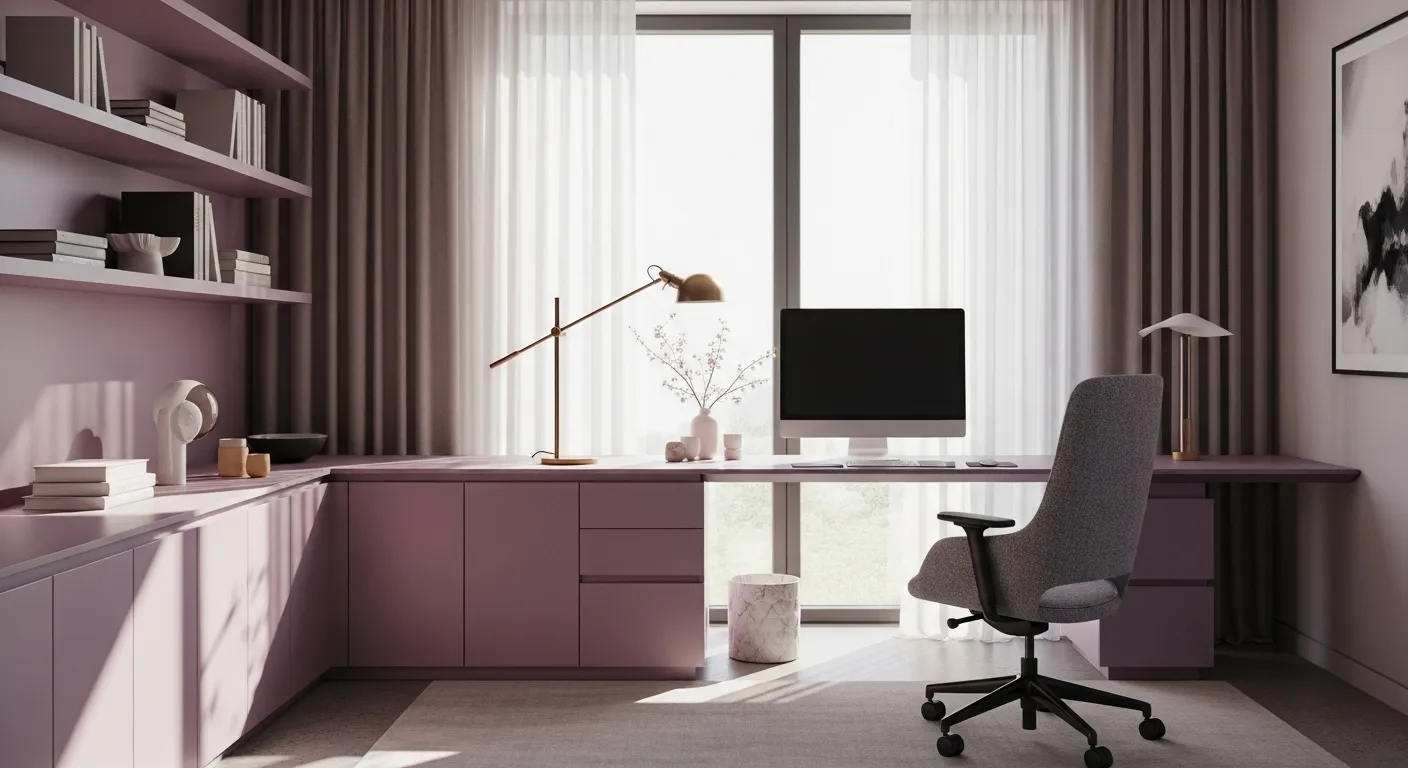 Modern home office styled in lilac for spring decor, featuring sleek furniture and natural light.