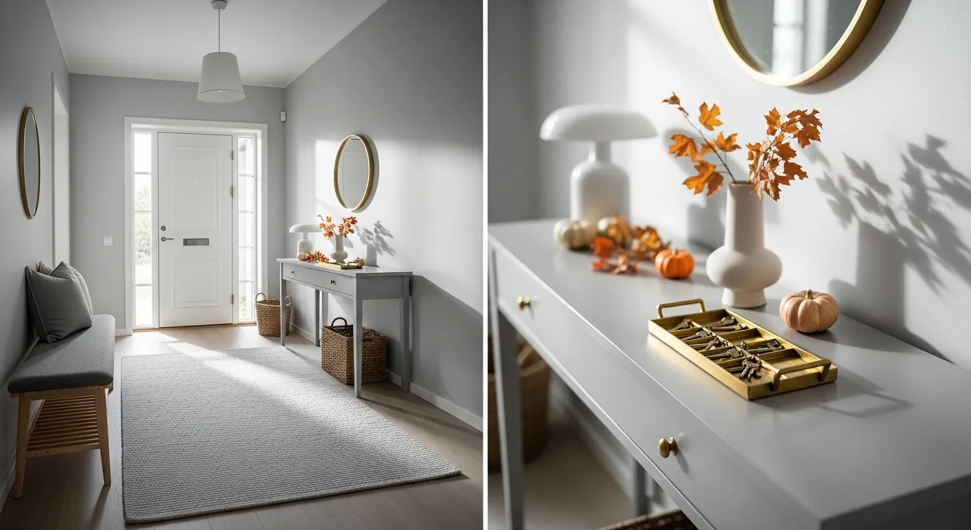 Stylish Scandi entryway featuring light gray palette, autumn decor, and welcoming atmosphere for Thanksgiving.