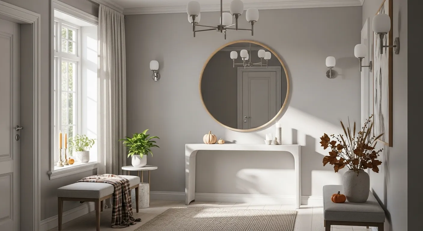 Stylish Scandi entryway in light gray, perfect for Thanksgiving decor with pumpkins and natural elements.