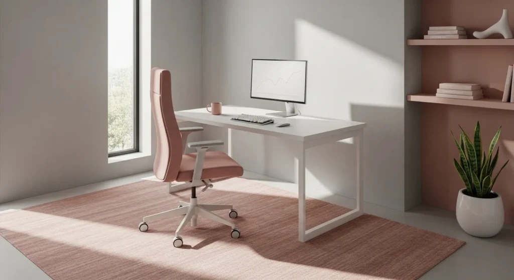 A minimalist home office featuring blush tones, a white desk, and a cozy rug.