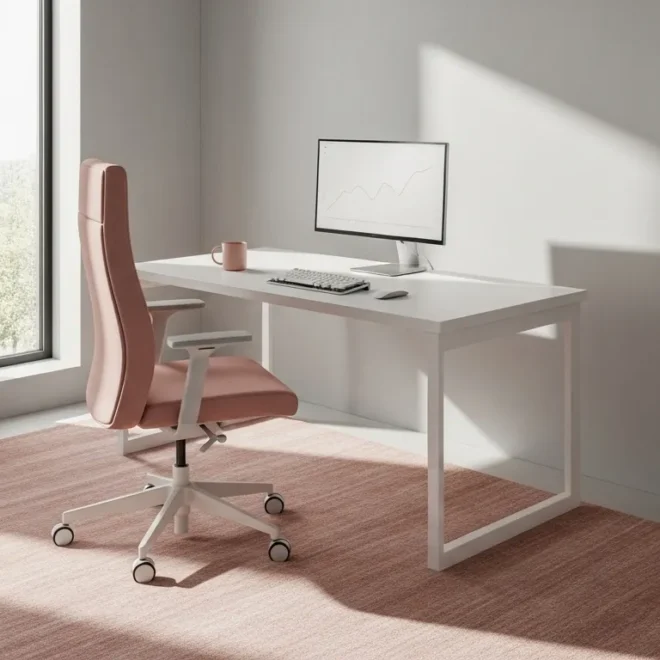 A minimalist home office featuring blush tones, a white desk, and a cozy rug.