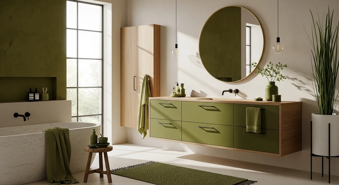 Stylish Japandi bathroom featuring olive green accents and natural wood elements for a serene atmosphere.