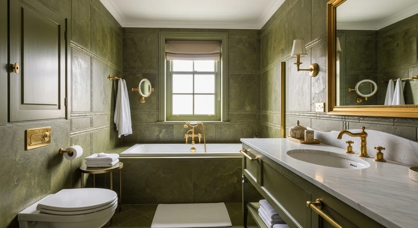 Elegant Japandi bathroom featuring olive green walls, marble accents, and gold fixtures for a serene atmosphere.