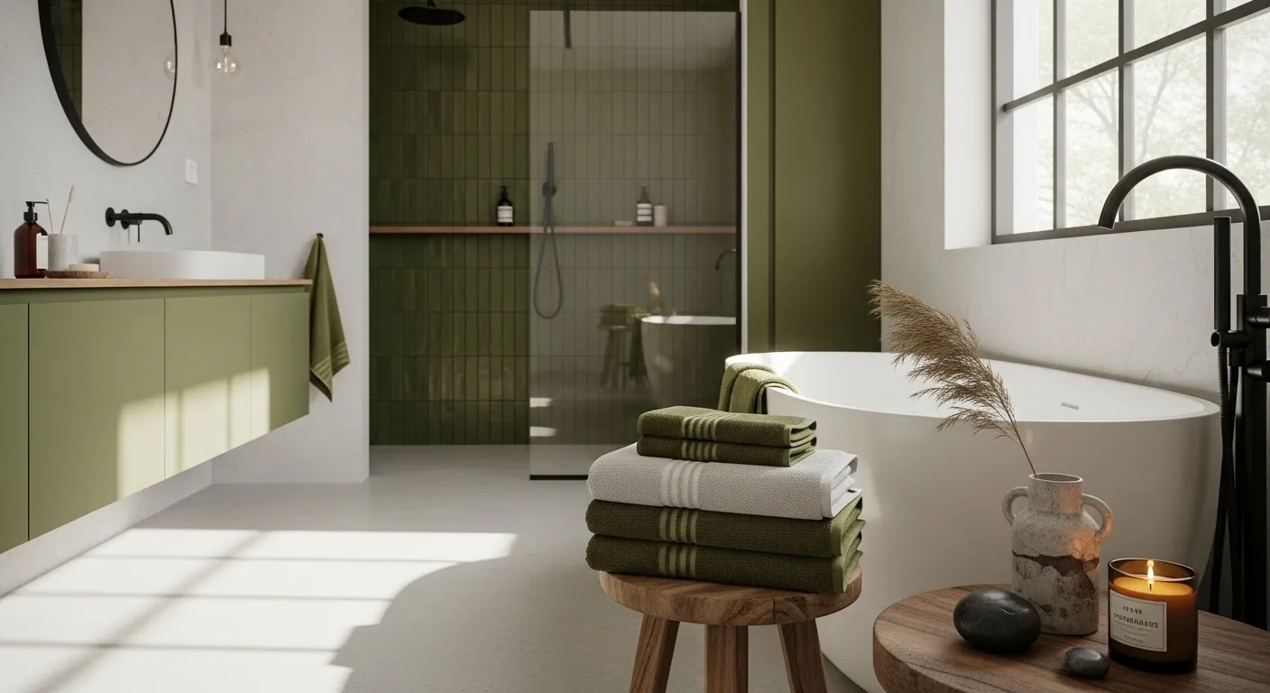 Japandi style bathroom with olive green accents and minimalist decor.