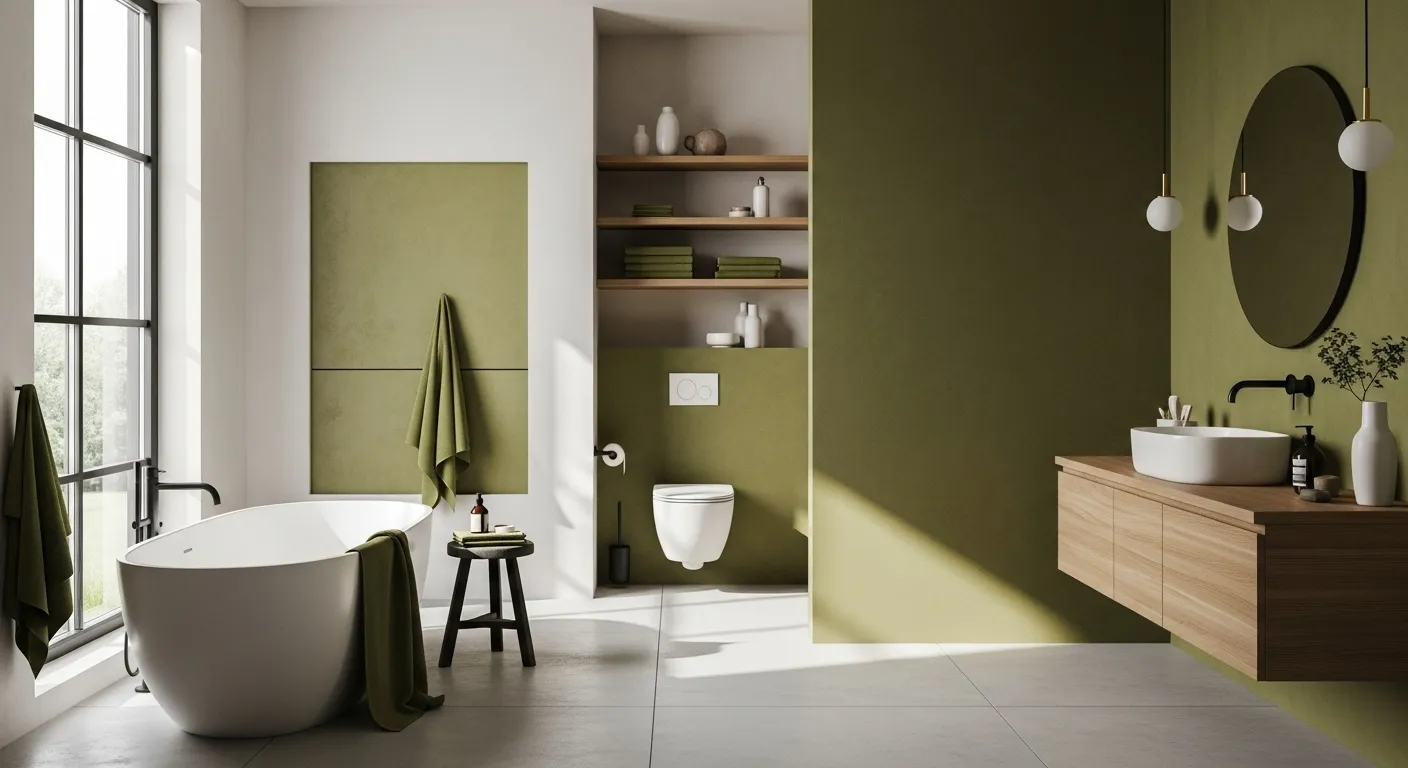 A tranquil Japandi bathroom featuring olive green walls, a freestanding tub, and natural wood accents.