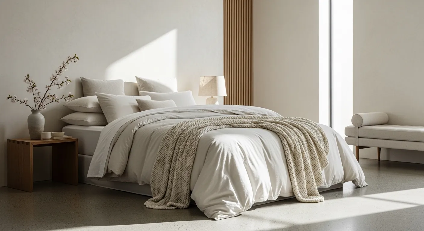 Japandi style bedroom featuring off-white tones, cozy textures, and natural decor