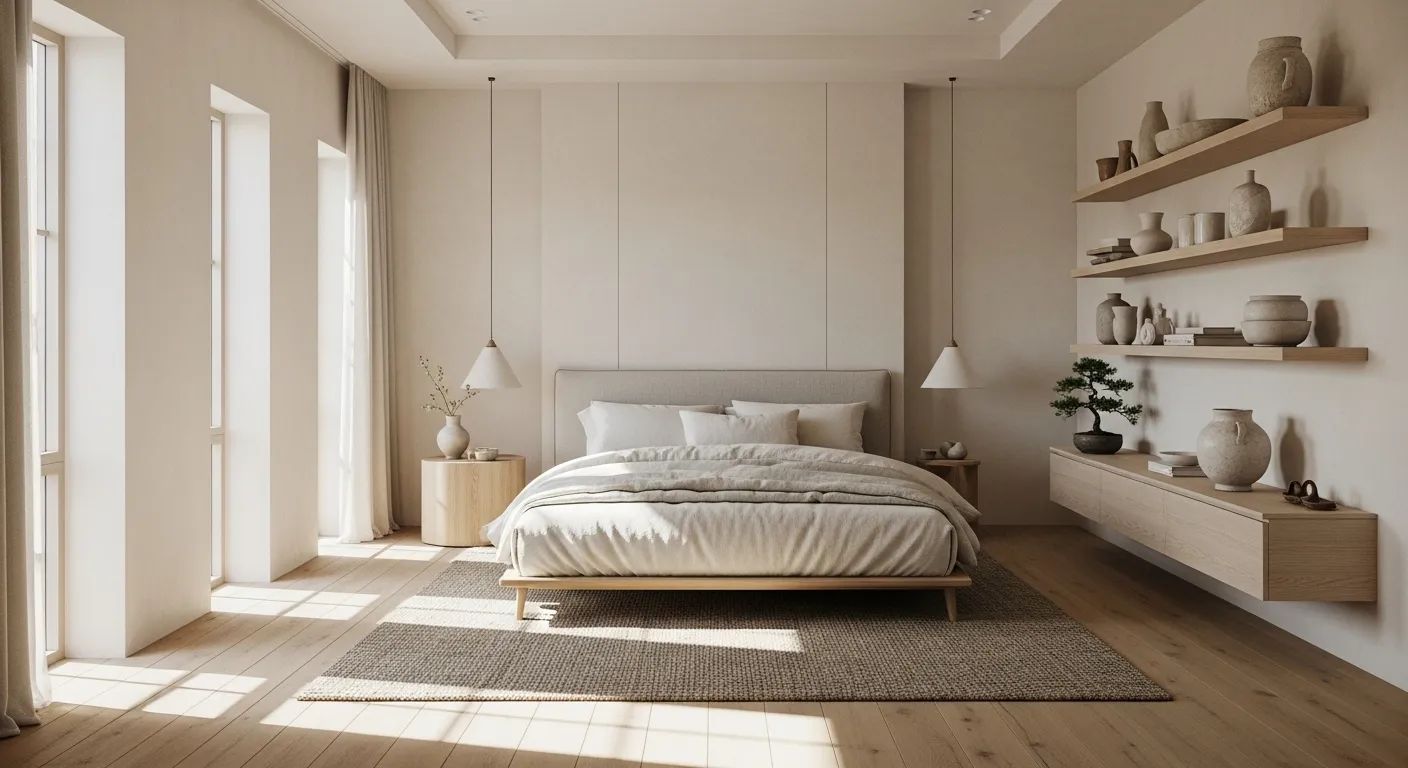 A calming Japandi-style bedroom featuring off-white tones, natural wood accents, and minimalist decor.