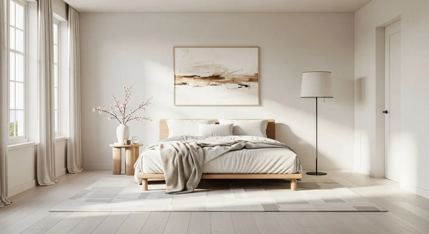 A peaceful Japandi style bedroom with an off-white color palette, featuring natural wood accents and soft textiles.