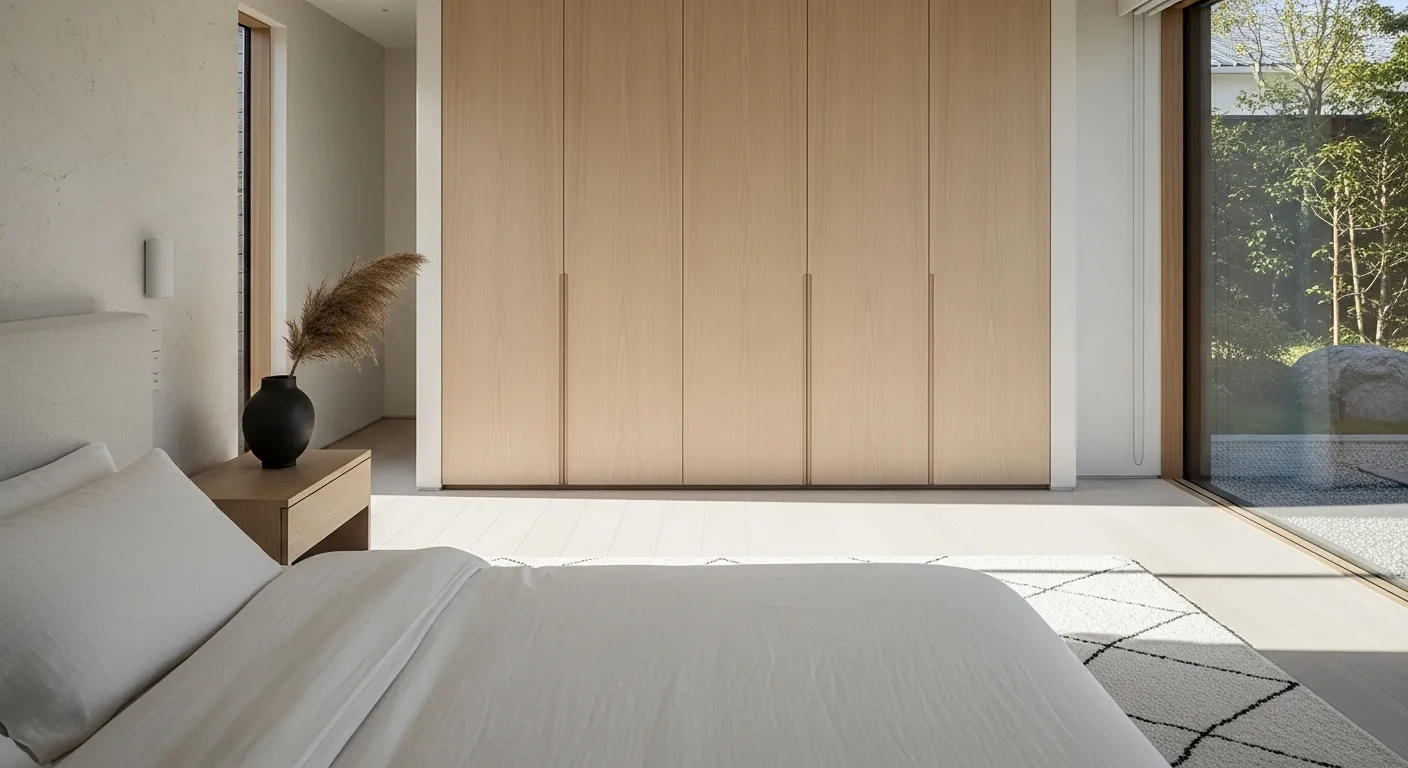 A serene Japandi style bedroom featuring off-white walls, wood accents, and minimalist decor.