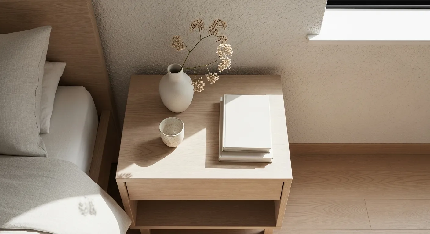 A tranquil Japandi-style bedroom featuring off-white tones and minimal decor for a calming atmosphere.