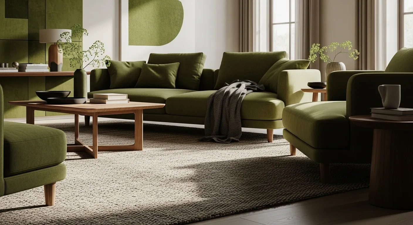 Japandi style living room featuring moss green furniture and decor for a cozy atmosphere.