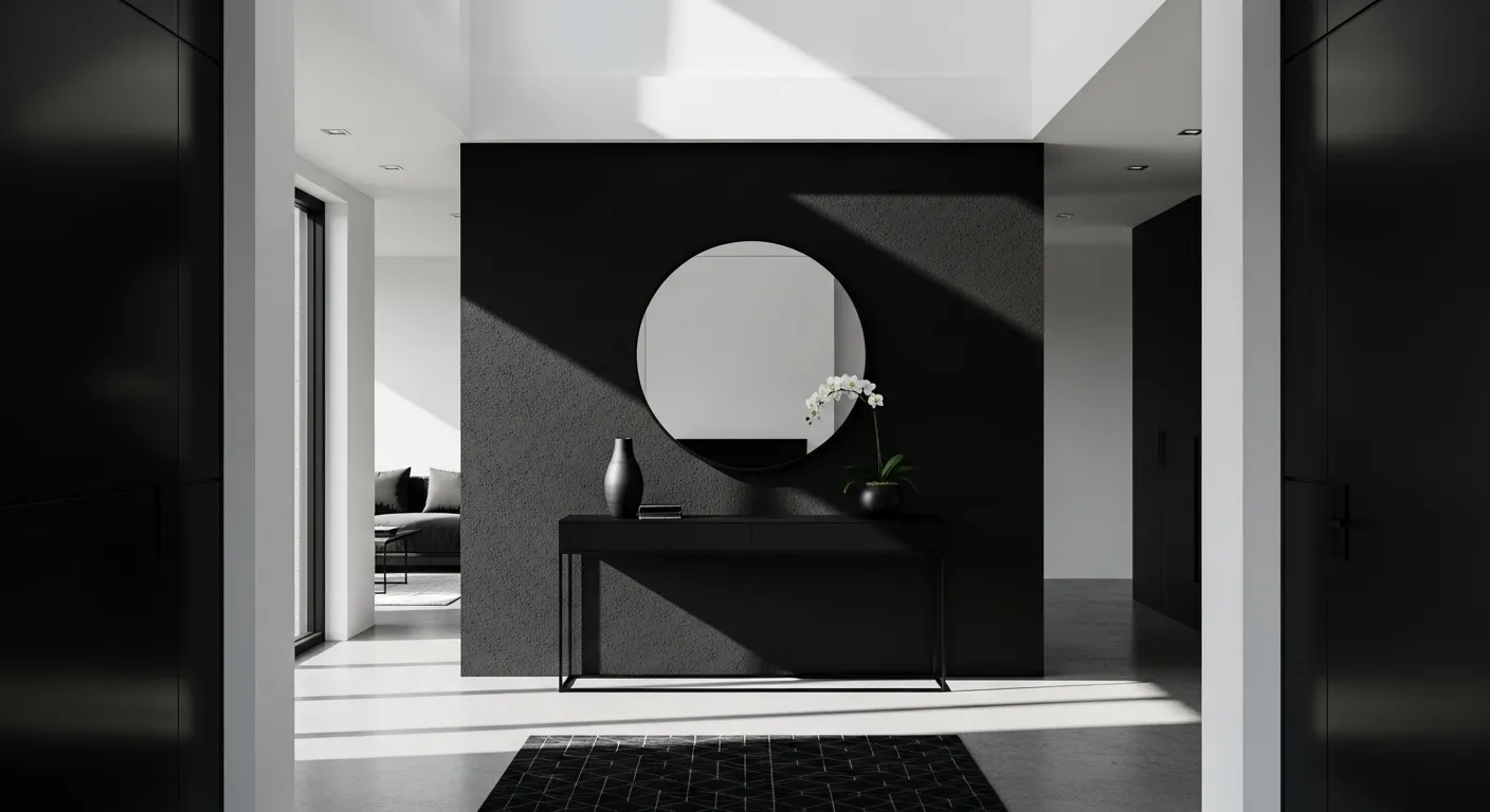 Stylish minimalist entryway with black decor, featuring a round mirror and elegant orchid.