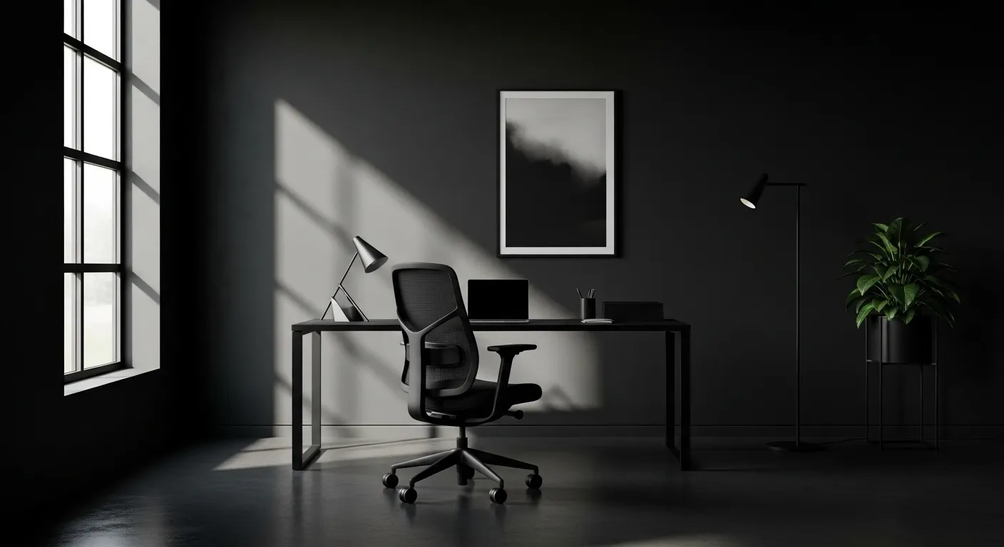Stylish minimalist home office with black color palette and natural light.