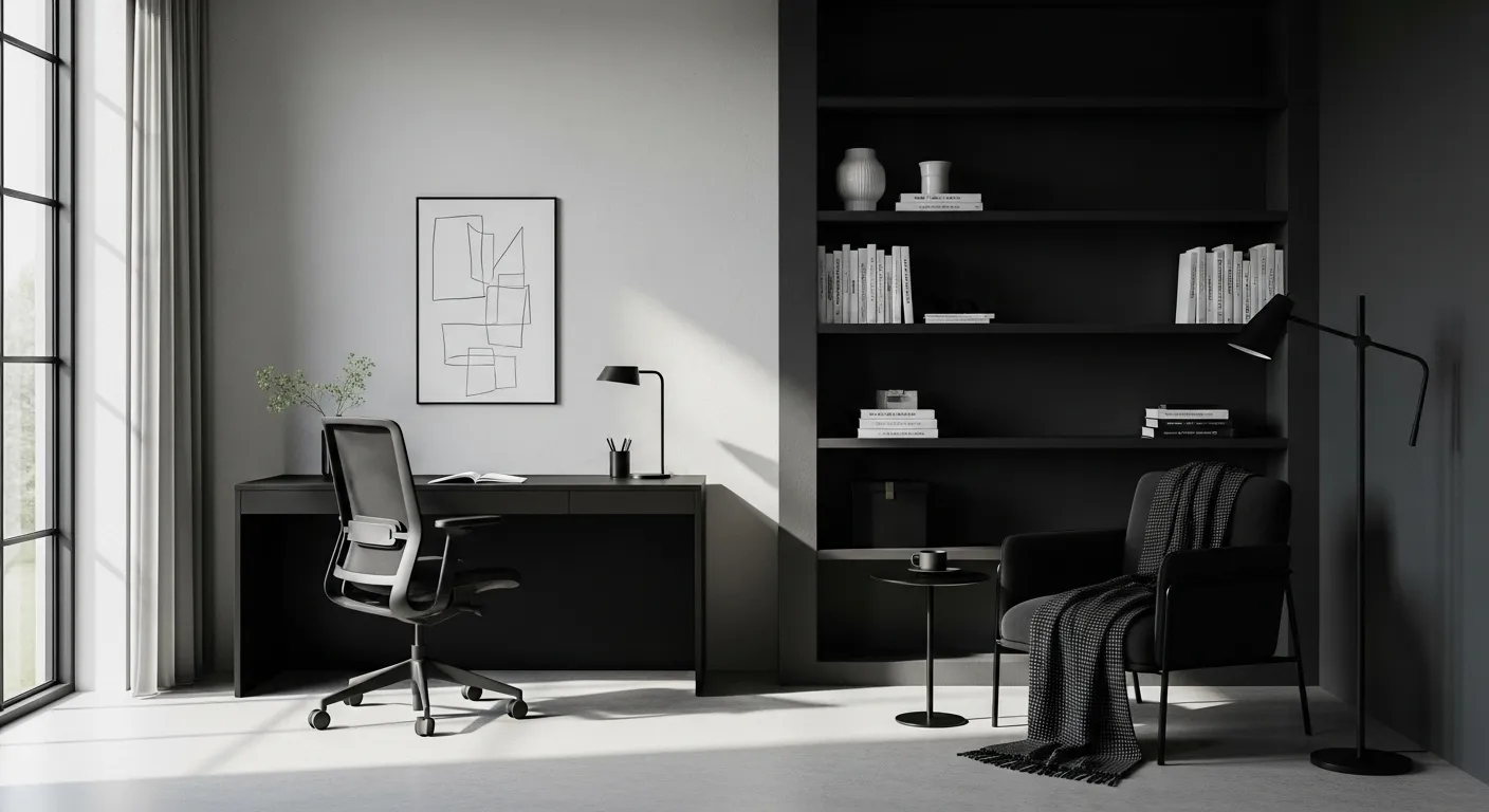 A modern minimalist home office featuring a black desk, chair, and decor in a sleek black color palette.