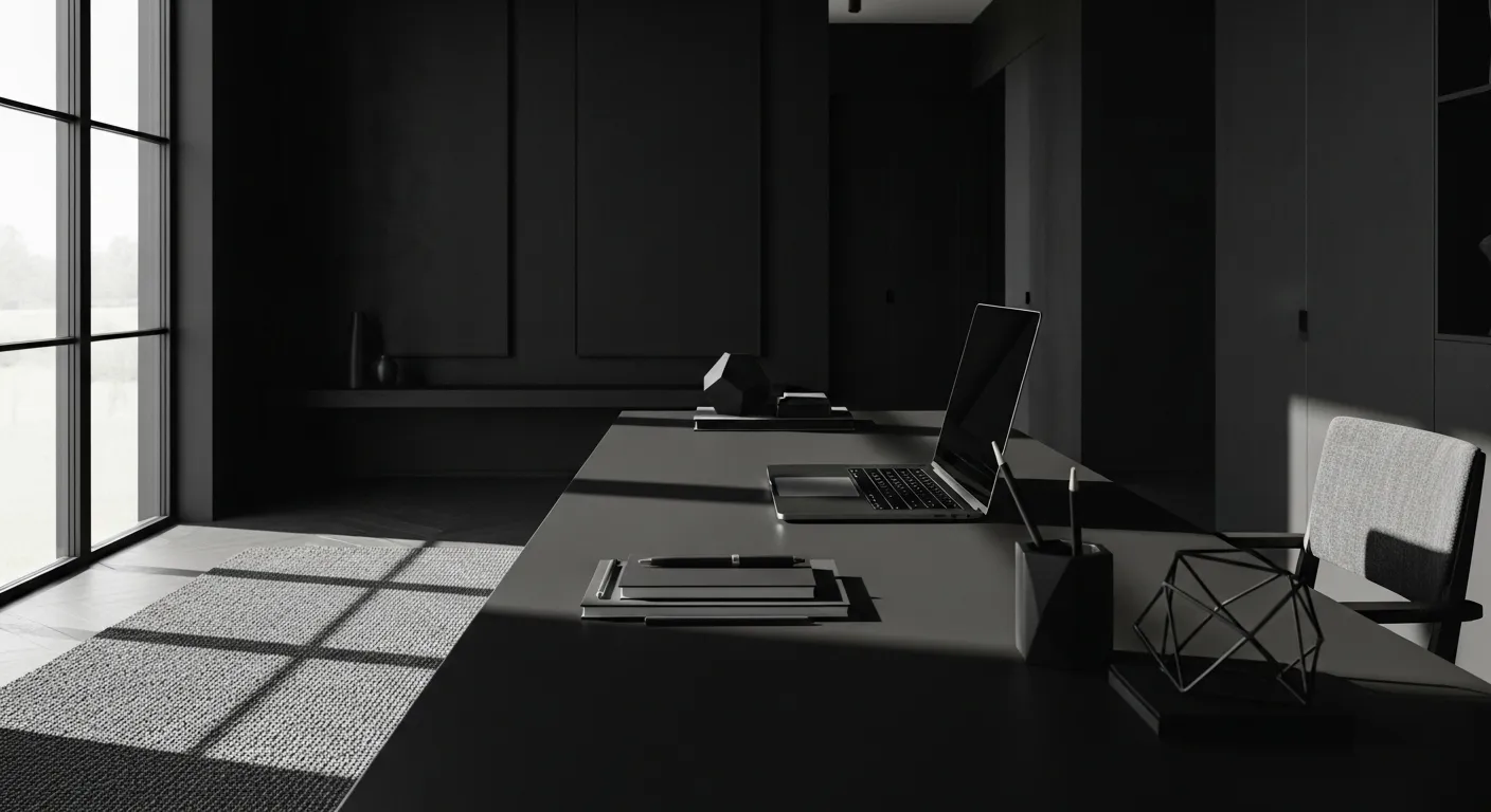 Modern minimalist home office design with black color palette and sleek furniture.