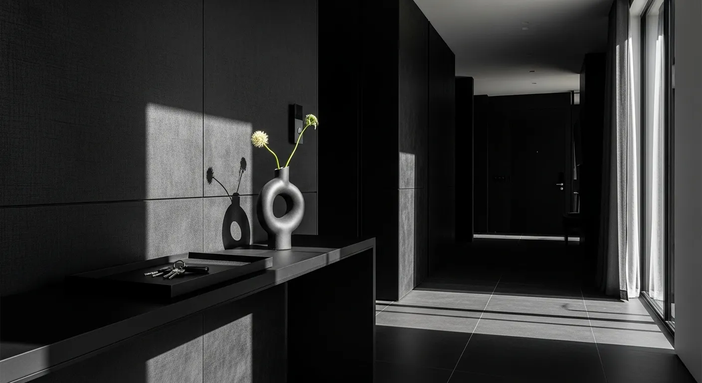 Minimalist entryway design in black tones with stylish decor features and natural light.
