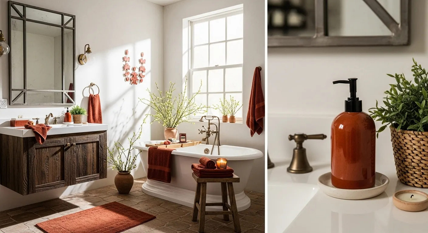 Bohemian bathroom decor featuring rust colors and spring elements like plants and warm lighting.