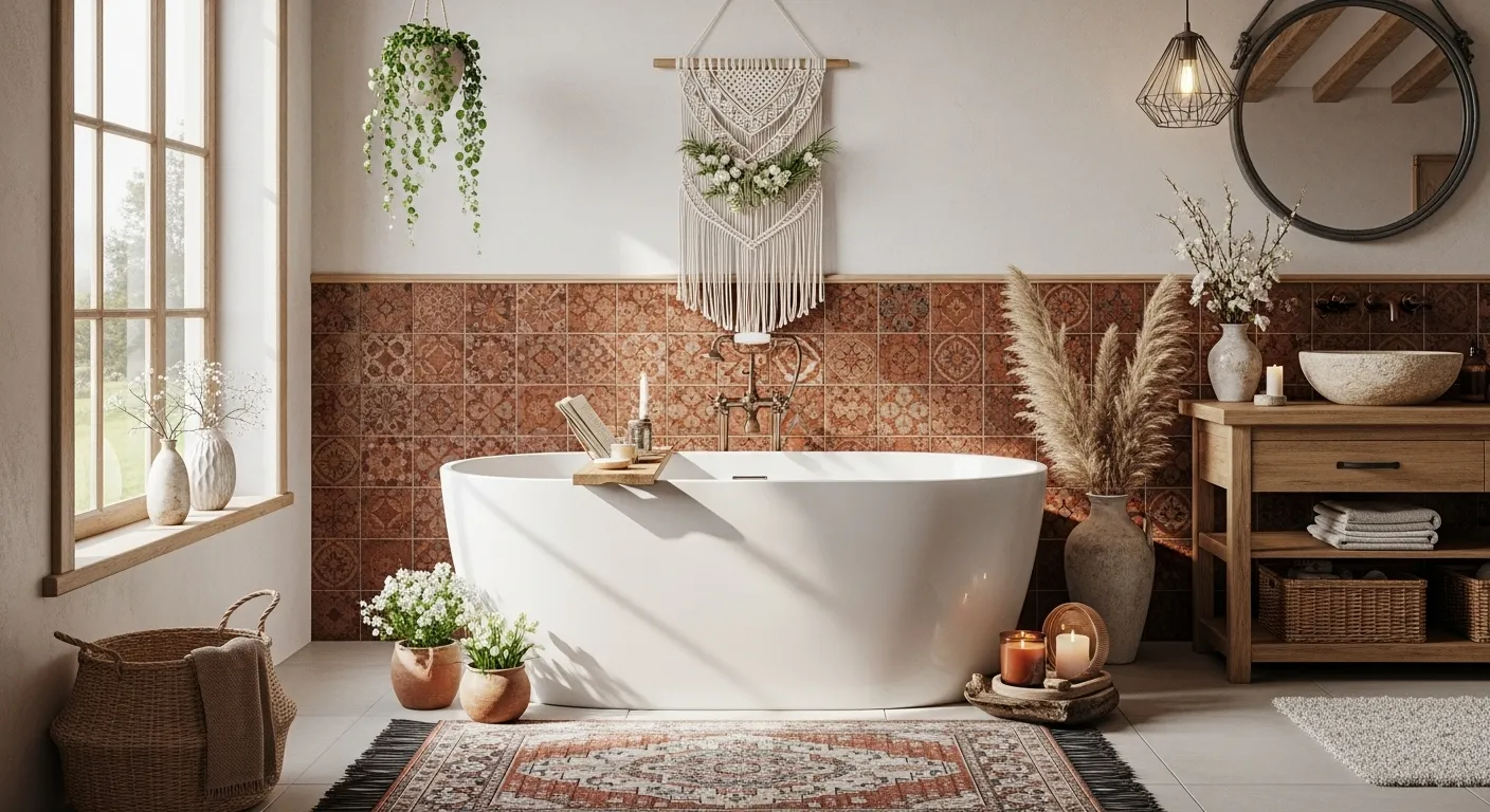 A stylish bohemian bathroom decorated with rust colors and spring decor elements.