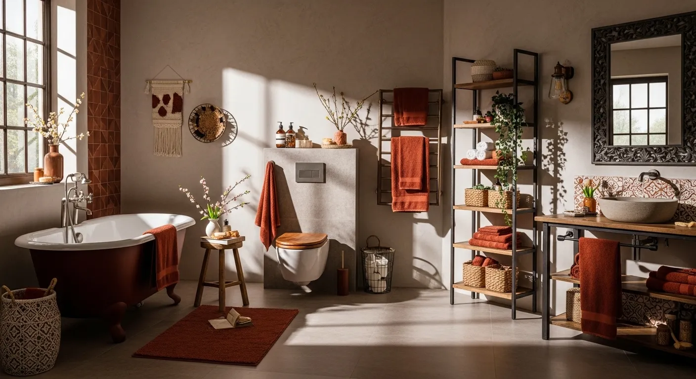Bohemian bathroom decor with rust colors and spring elements