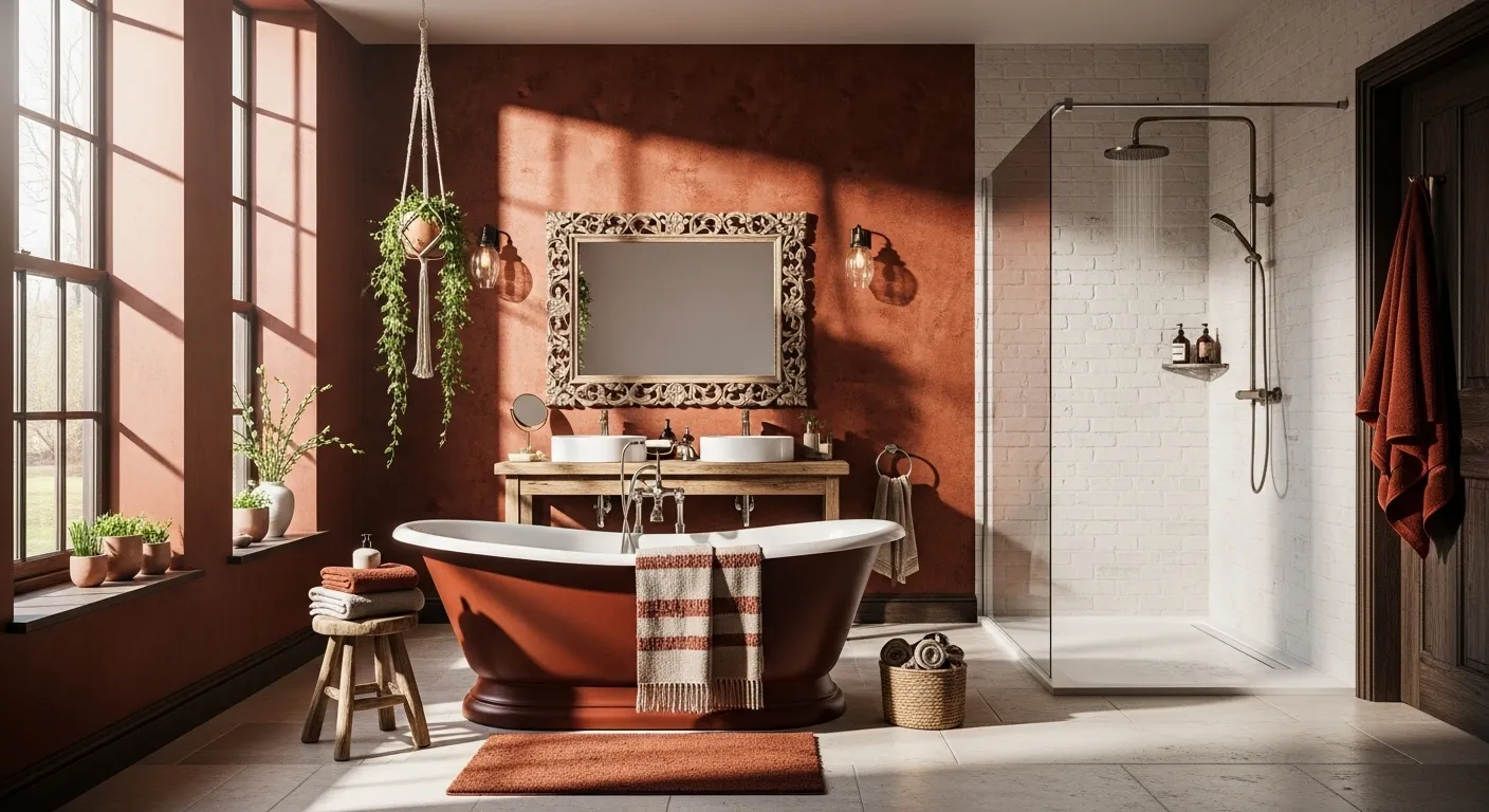 Bohemian bathroom decor with rust color palette for spring, featuring a freestanding tub and greenery.