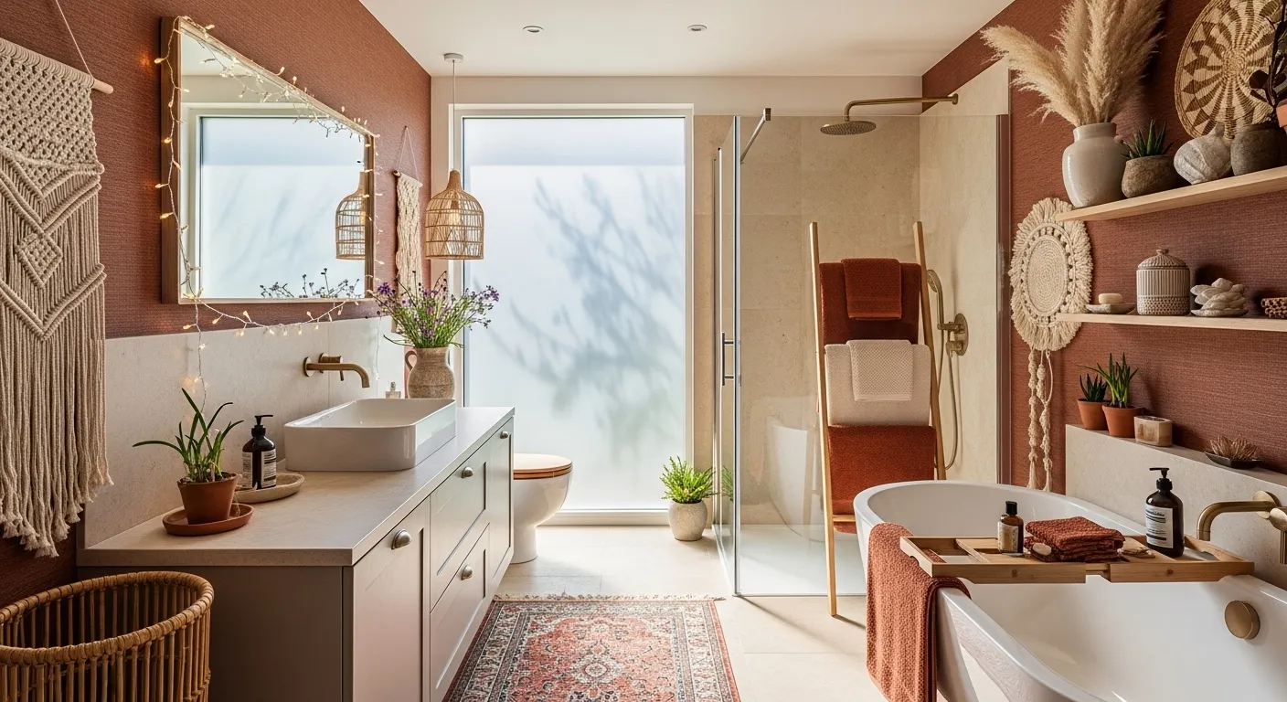 Bohemian bathroom decor featuring rust colors, plants, and natural textures for spring.