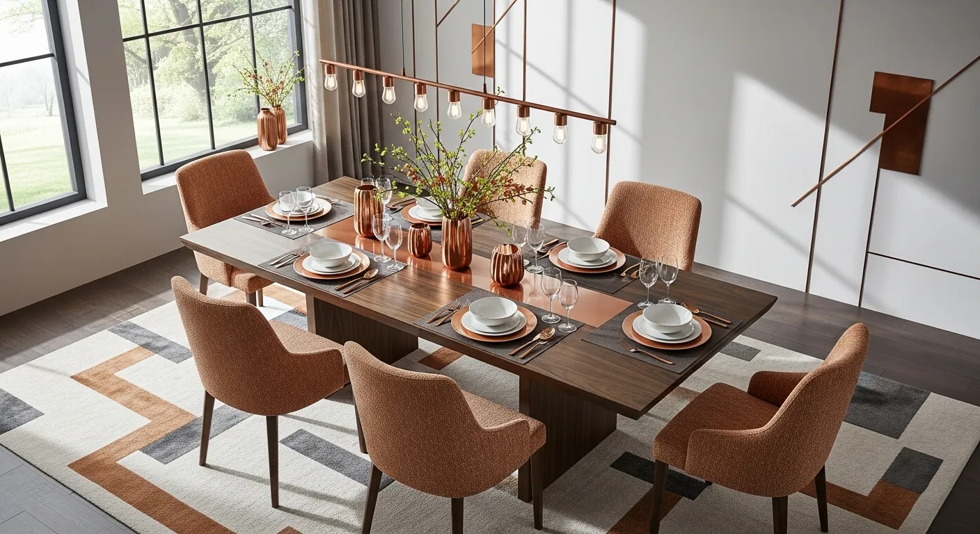 Modern dining room with copper accents and spring decor featuring a warm color palette.