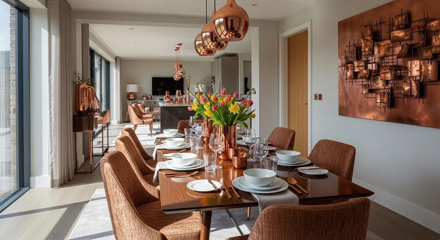 Beautiful modern dining room decor with copper accents and spring flowers, perfect for a stylish home.