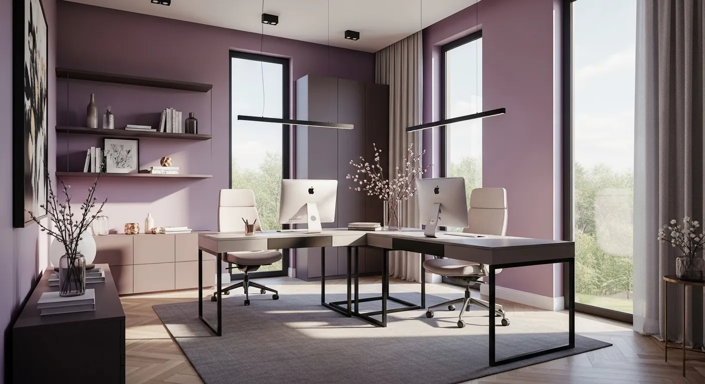Modern home office with lilac walls and stylish decor for spring.