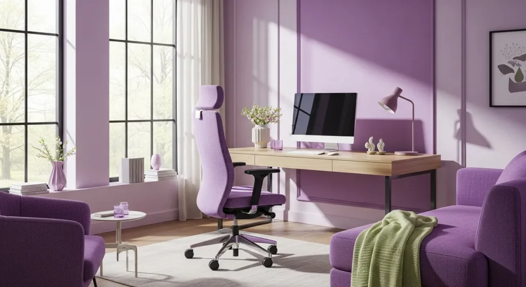Modern home office with lilac decor, featuring a stylish desk, chair, and cozy seating for spring inspiration.