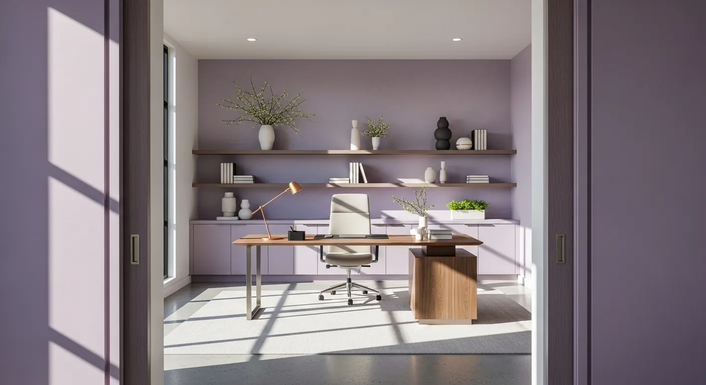 Modern home office decor in lilac color palette for spring.