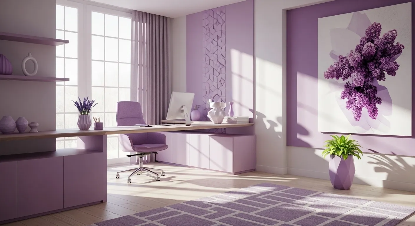 Stylish modern home office decorated in lilac hues for spring inspiration.