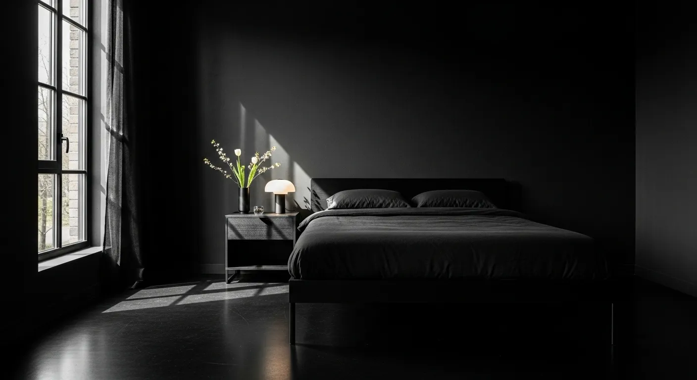 Stylish minimalist black bedroom decor with spring flowers for a serene atmosphere