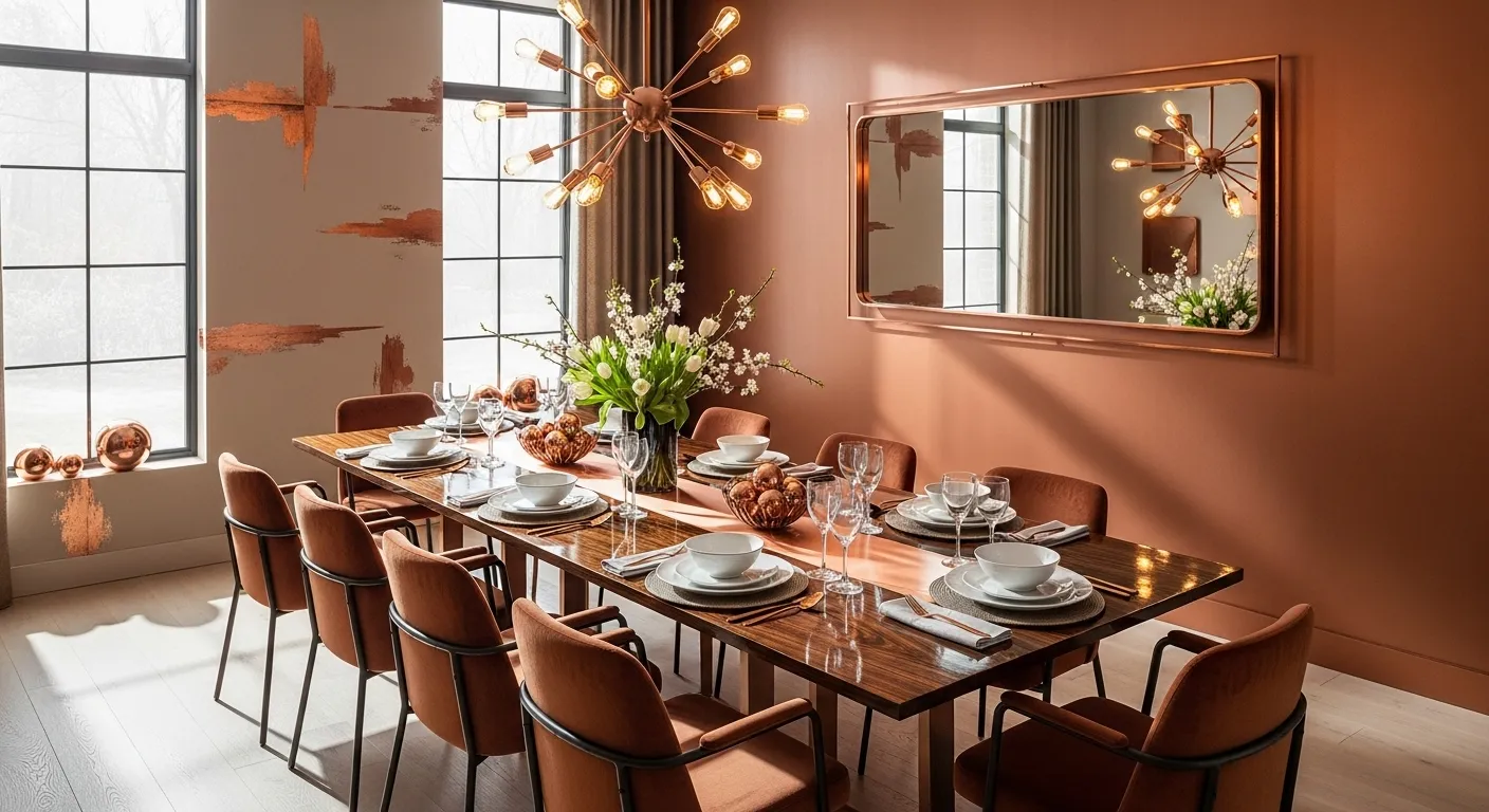 Modern dining room with copper accents and spring decor featuring a wooden table and elegant seating.