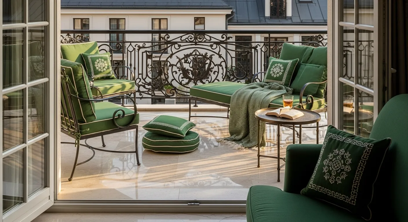 Elegant outdoor balcony with classic luxury furniture in emerald green, perfect for autumn vibes.