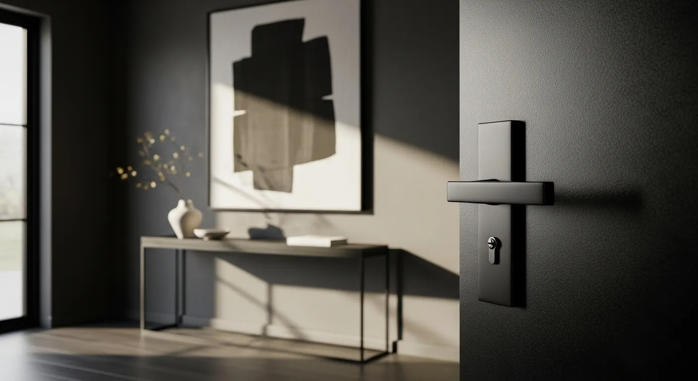 Minimalist entryway design featuring black accents and modern decor elements for a stylish atmosphere.