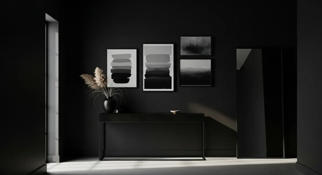 Minimalist black entryway with artwork and decor, perfect for everyday style.