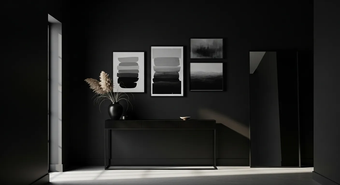 Minimalist black entryway with artwork and decor, perfect for everyday style.