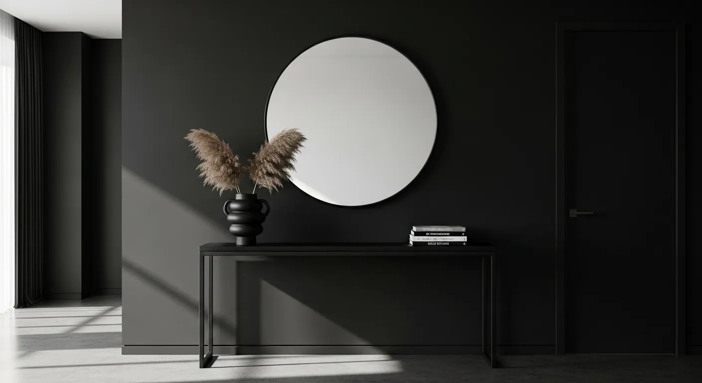 A minimalist black entryway featuring a round mirror, decorative vase, and sleek console table for a modern look.