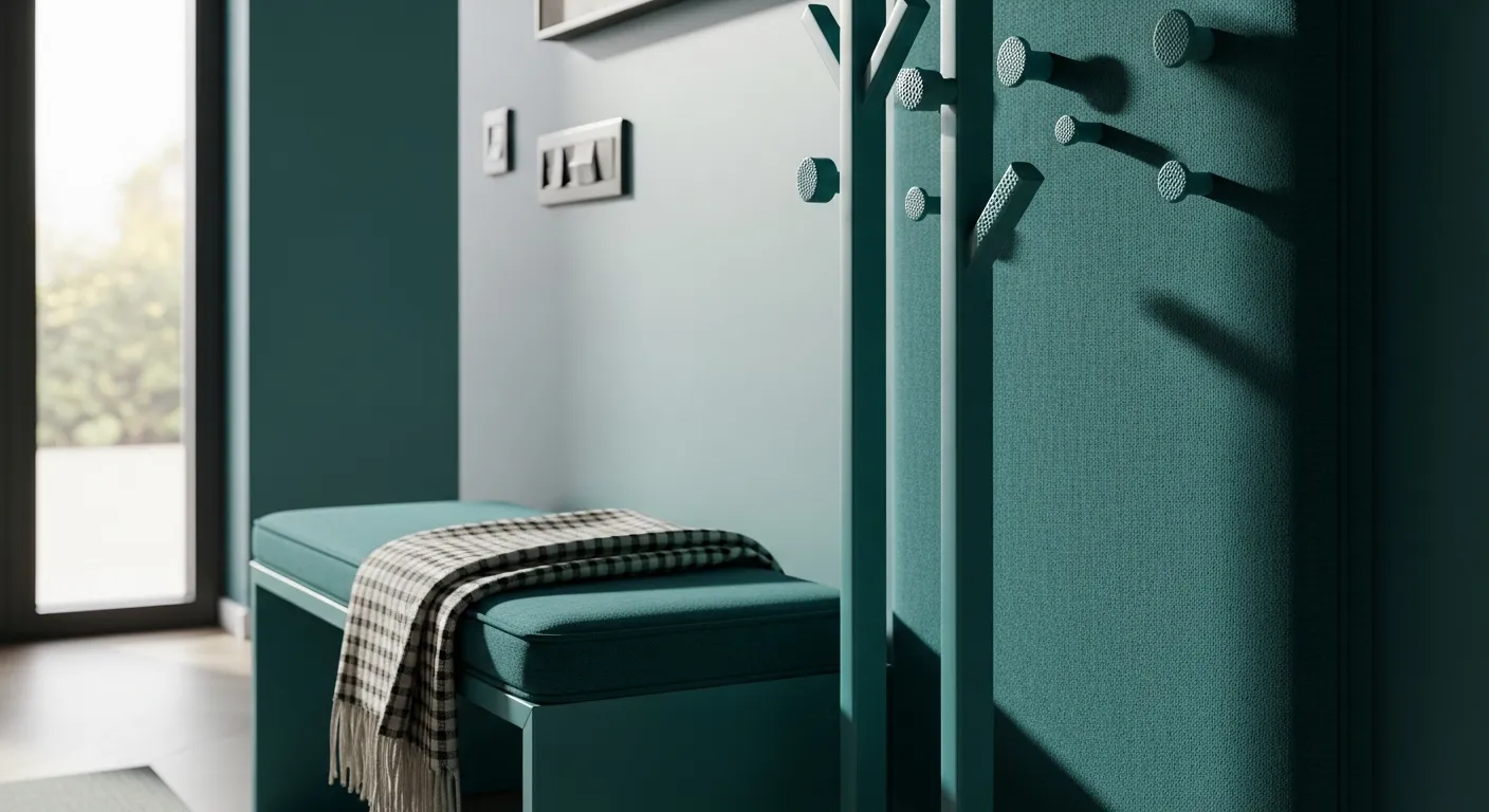 Minimalist entryway design featuring teal color palette and modern furniture.