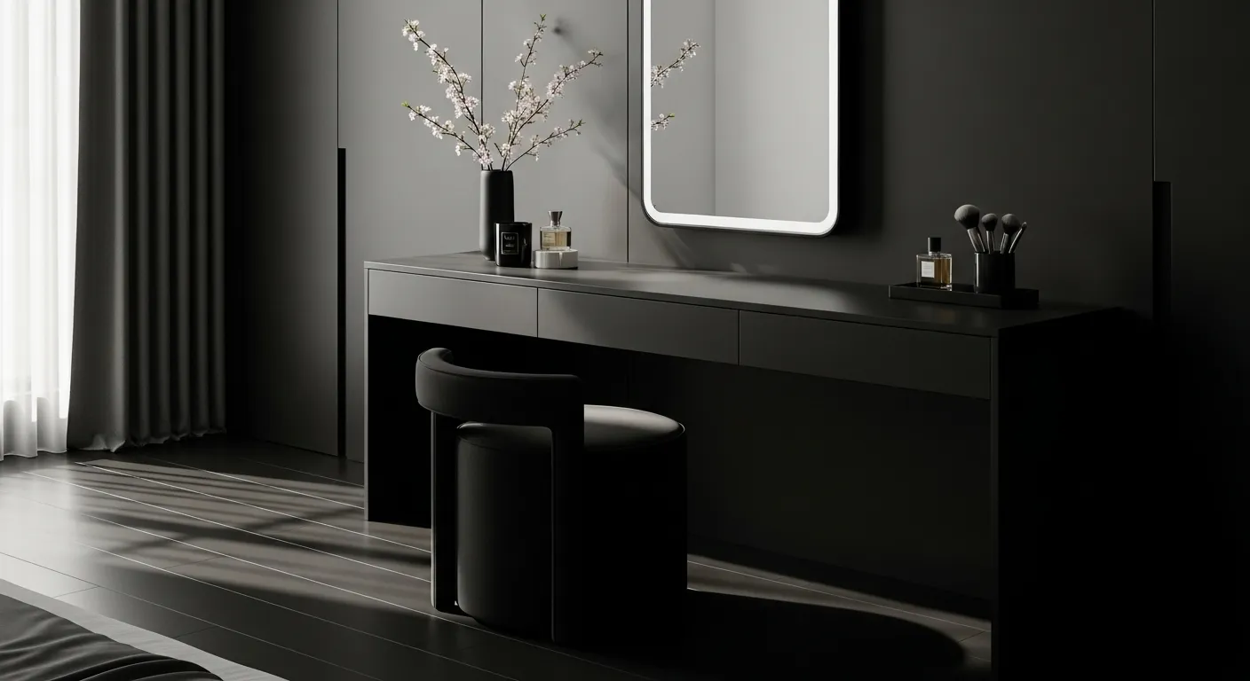 Minimalist bedroom decor with black color palette and spring accents for a calming atmosphere.