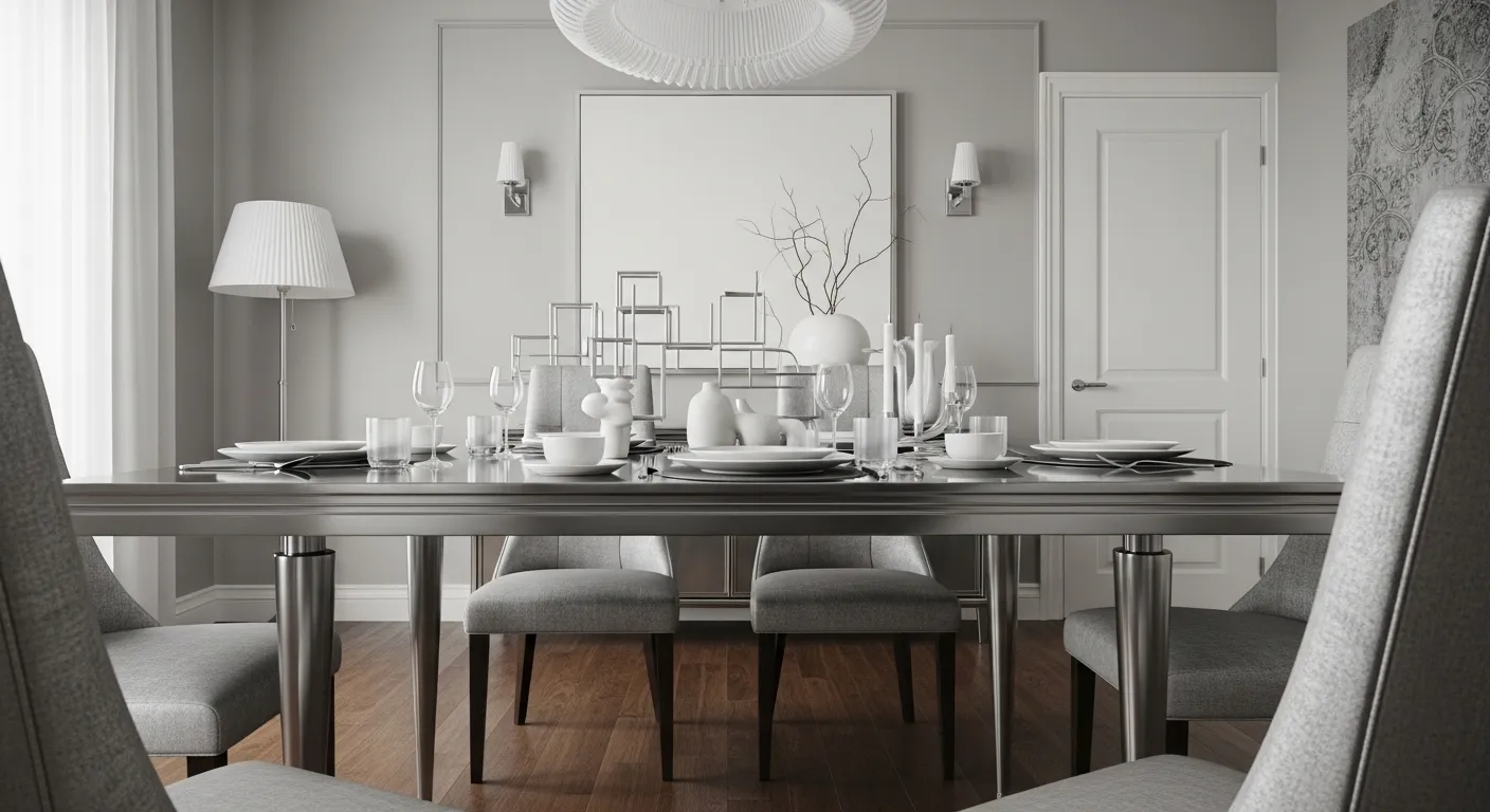 Elegant mid-century modern dining room with silver color palette, featuring sleek furniture and warm wooden floors.