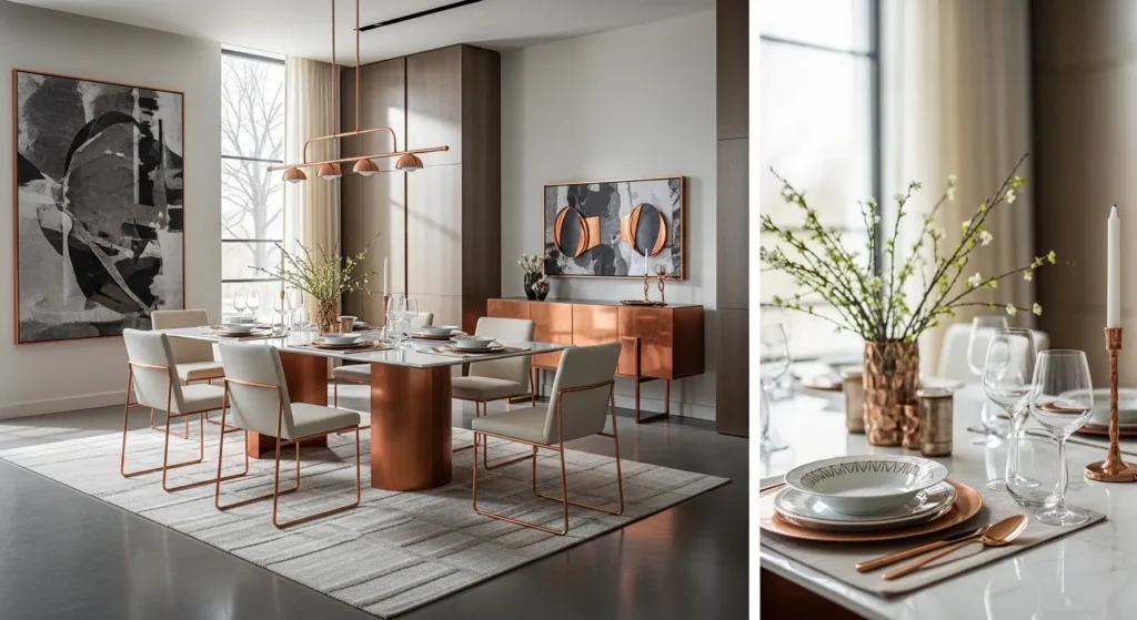 Modern dining room decor featuring copper accents and spring elements.