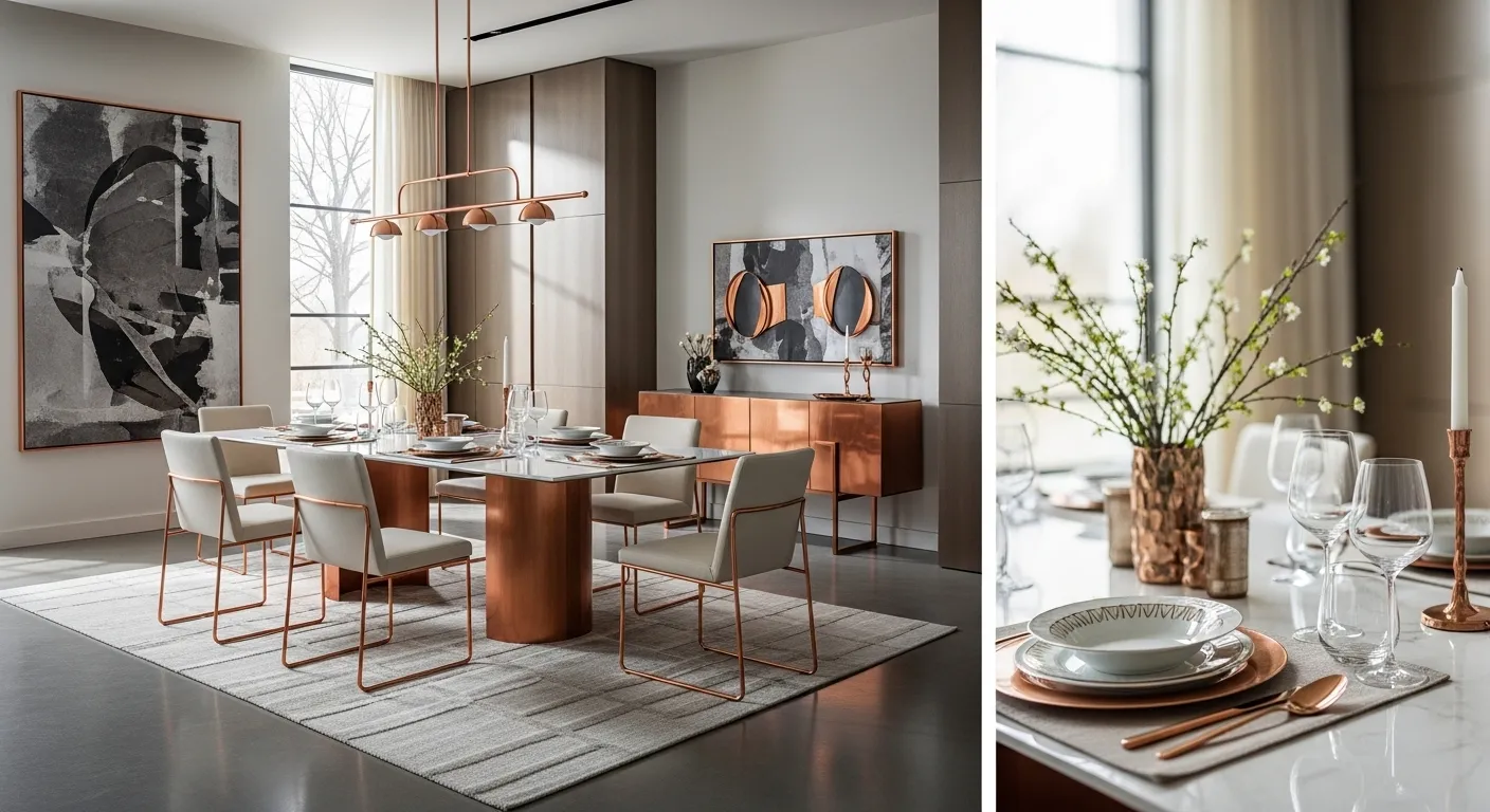 Modern dining room decor featuring copper accents and spring elements.