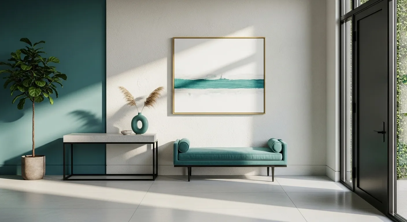 Minimalist entryway featuring teal accents, natural light, and stylish decor.