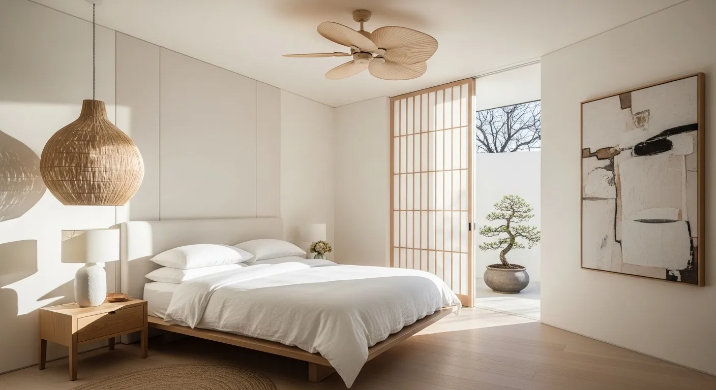 Serene Japandi style bedroom with off-white decor and natural textures, featuring a cozy bed, bamboo accents, and minimalist art.