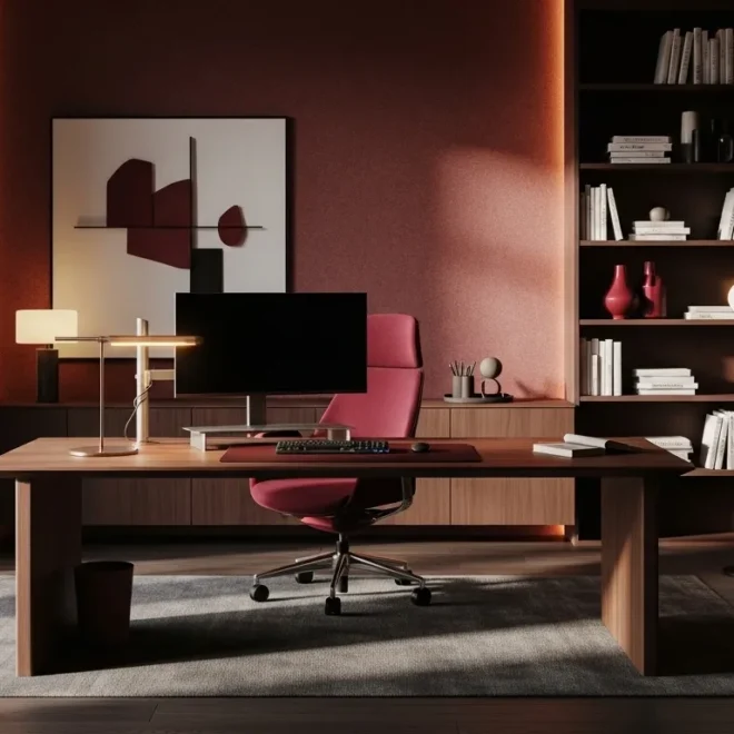 Modern home office design featuring burgundy color palette and sleek furniture for a cozy atmosphere.
